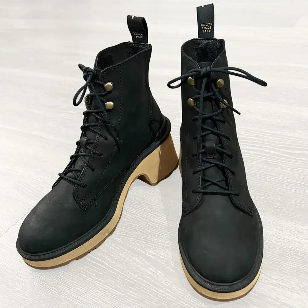 Sorel Hi-Line Heel Lace Boot Black Leather Lug Sole Block Heel Size 7.5 New NWOB